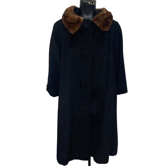Vintage Forstmann Wool and Fur Collar Aline Coat in Black Size Large - Picture 1 of 7